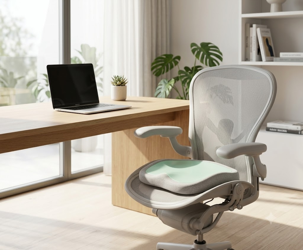 Sandur sittkudde på en ergonomisk kontorsstol i ljust hemmakontor